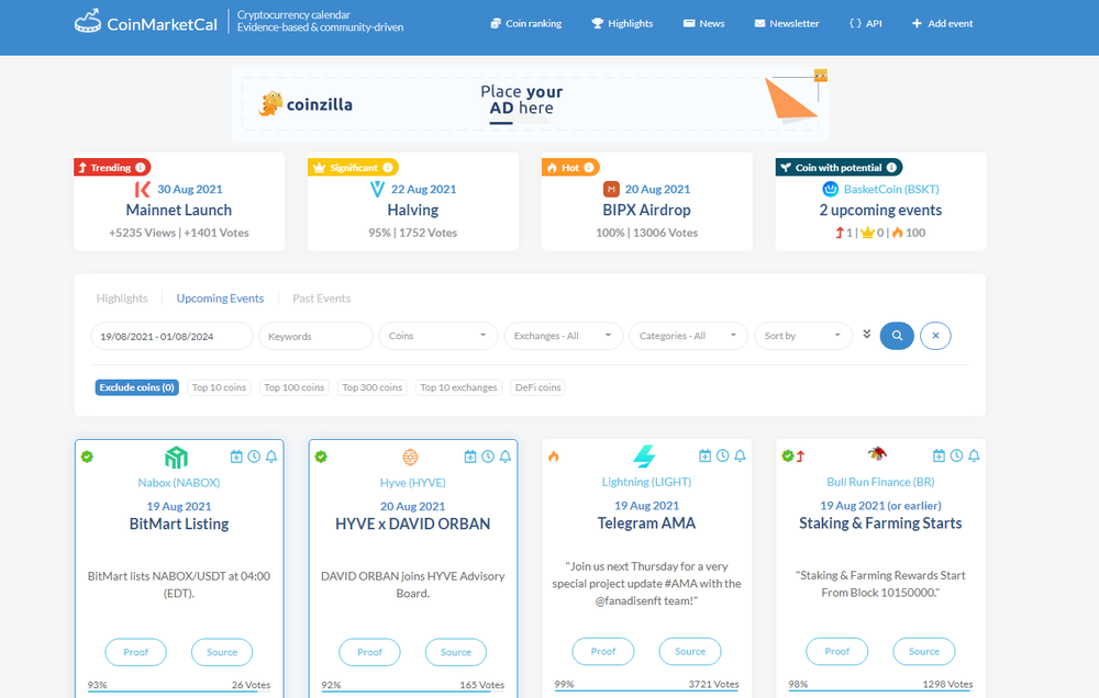 هوم پیج coinmarketcal